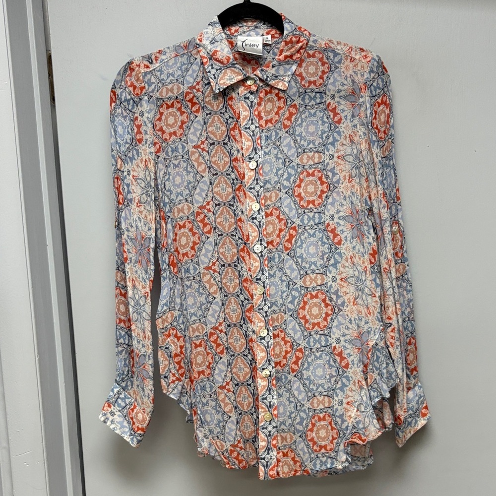 Finley Women’s Sheer Long Sleeve  Blouse with Mother Of Pearl Buttons Size S